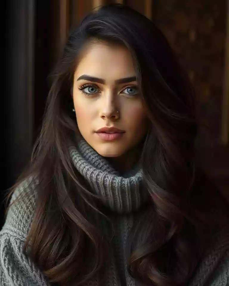 Portrait of a young woman with long dark hair and blue eyes, wearing a gray turtleneck sweater, looking off to the side.
