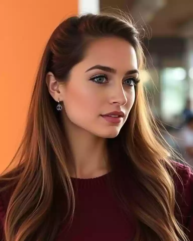 Close-up of a young woman with long brown hair, maroon sweater, and dangling earrings, looking to the right.