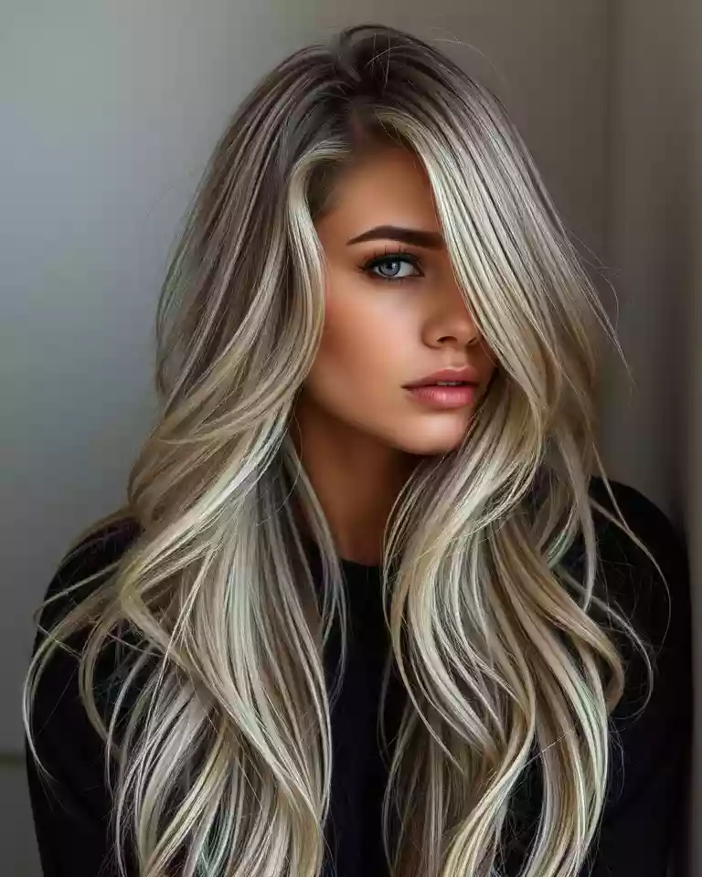 Portrait of a woman with long, wavy platinum-blonde hair and blue eyes in a black top, looking to the side.