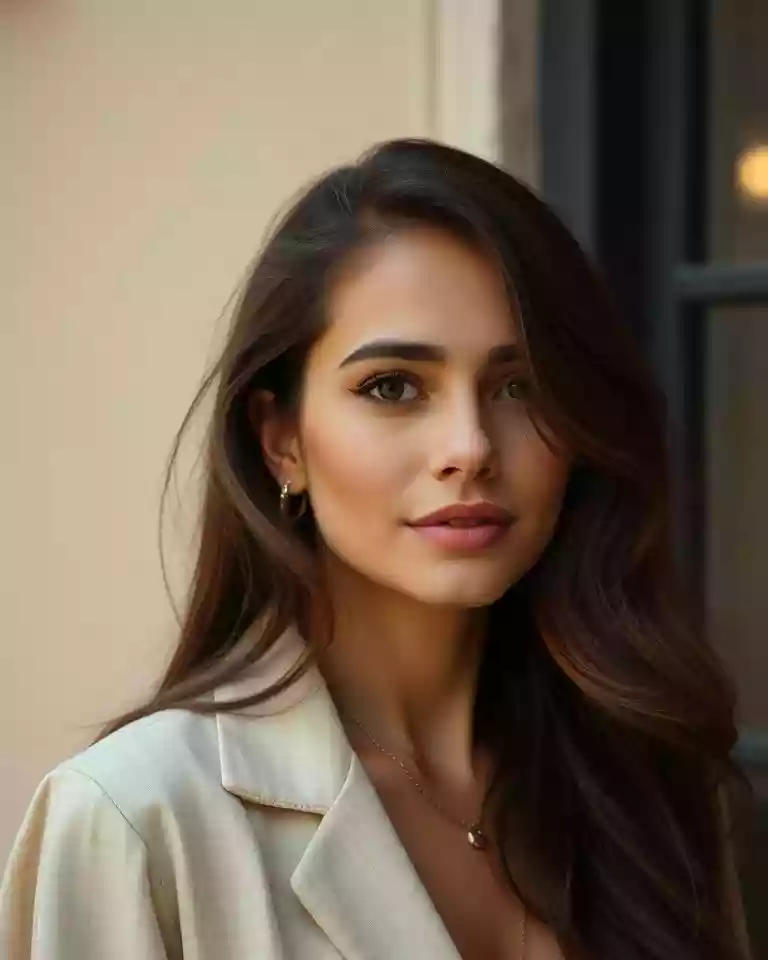 Portrait of a woman with long dark hair in a light blazer, looking at the camera in a neutral setting, wearing small hoop earrings and a delicate necklace.