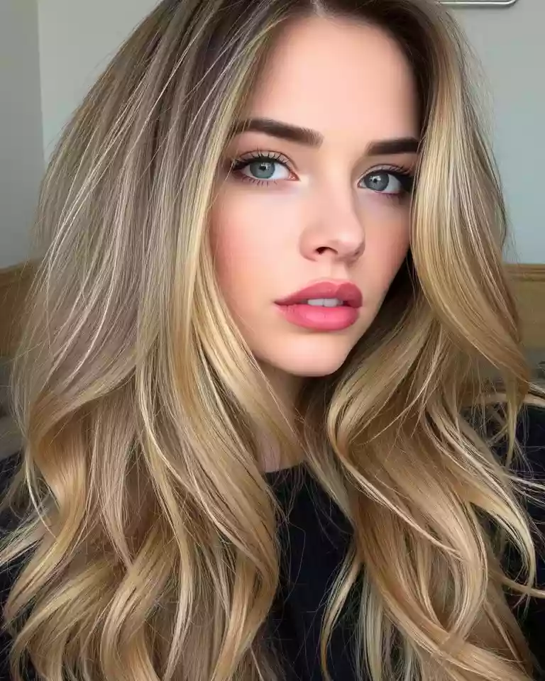 Close-up portrait of a young woman with long wavy blonde hair and blue eyes looking at the camera.
