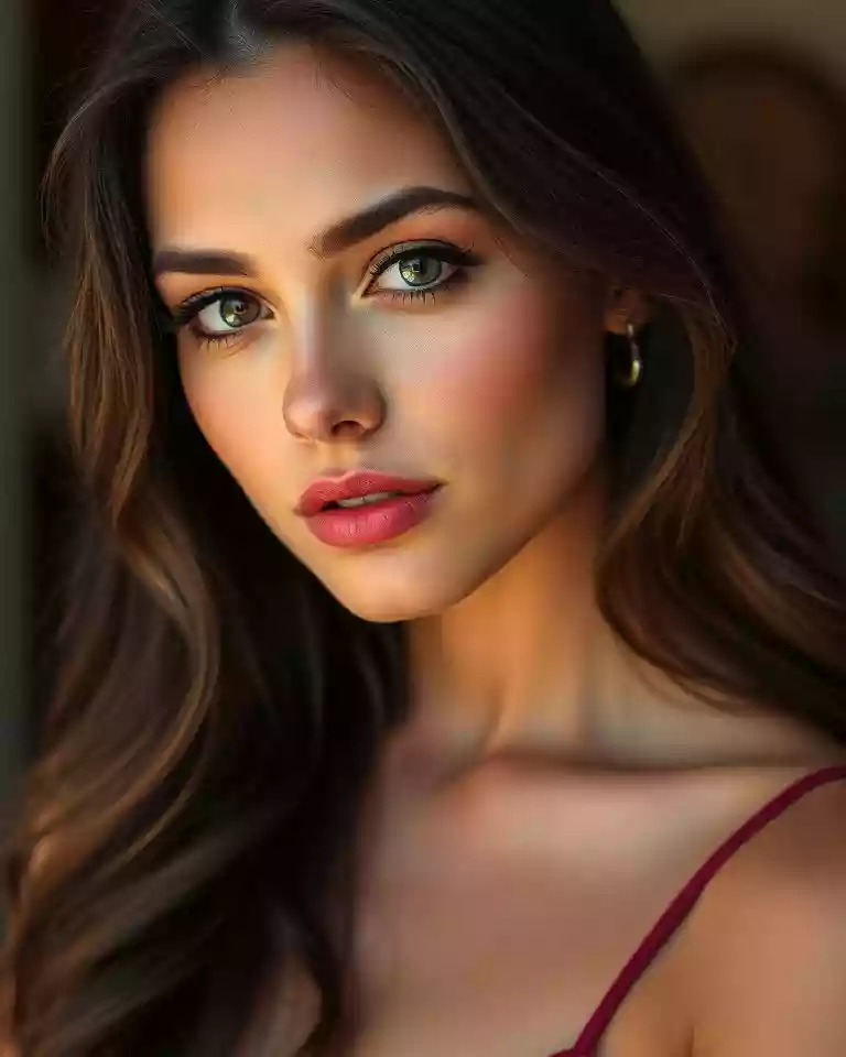 Close-up portrait of a young woman with green eyes, smokey eye makeup, and pink lips looking at the camera.