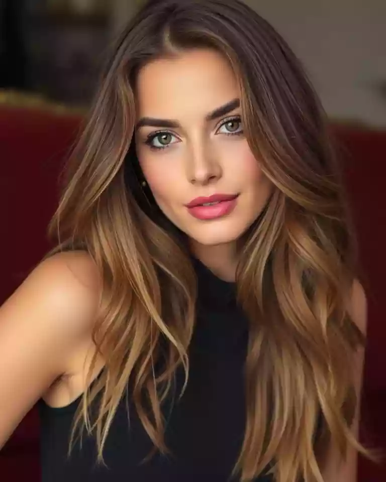 Portrait of a woman with long wavy light brown hair and green eyes wearing a black sleeveless top, looking at the camera.